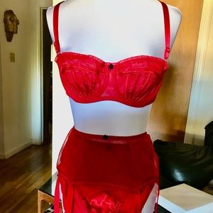 ‘What Katie Did UK’ Gold Label red retro balconette bra, knickers, garter. NWOT